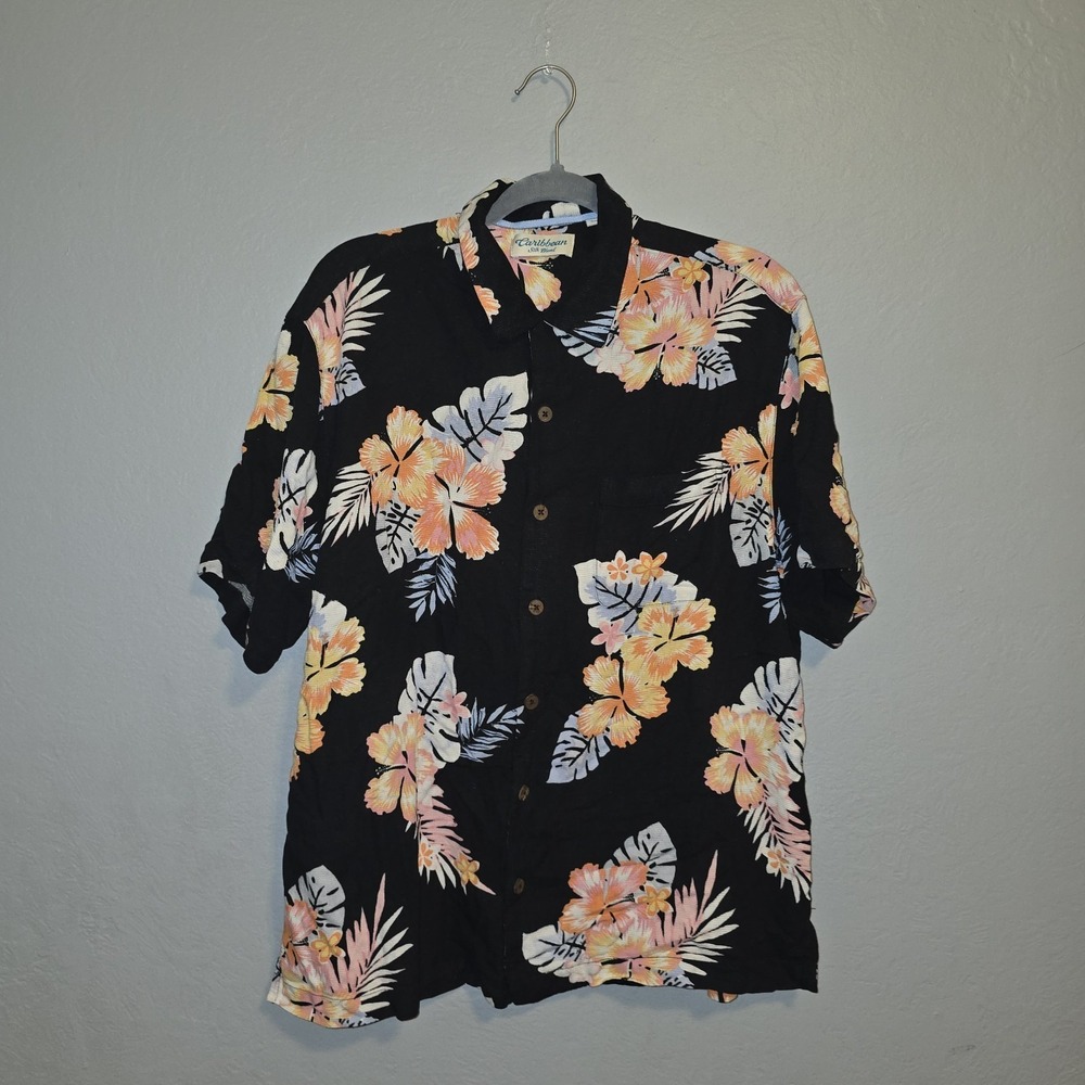 Caribbean Silk Blend Black Hawaiian Camp Shirt Aloha Floral Tropical Resort Sz L